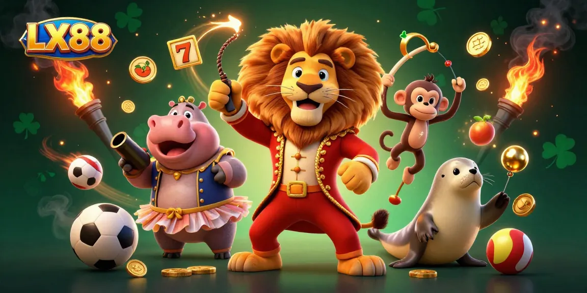 Engage with LX88's vibrant casino world featuring circus characters and slot reels.