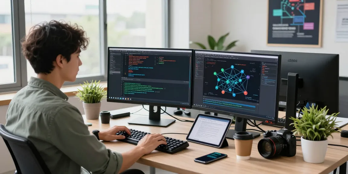 快连 software developer at a modern workstation with screens showing code and network design