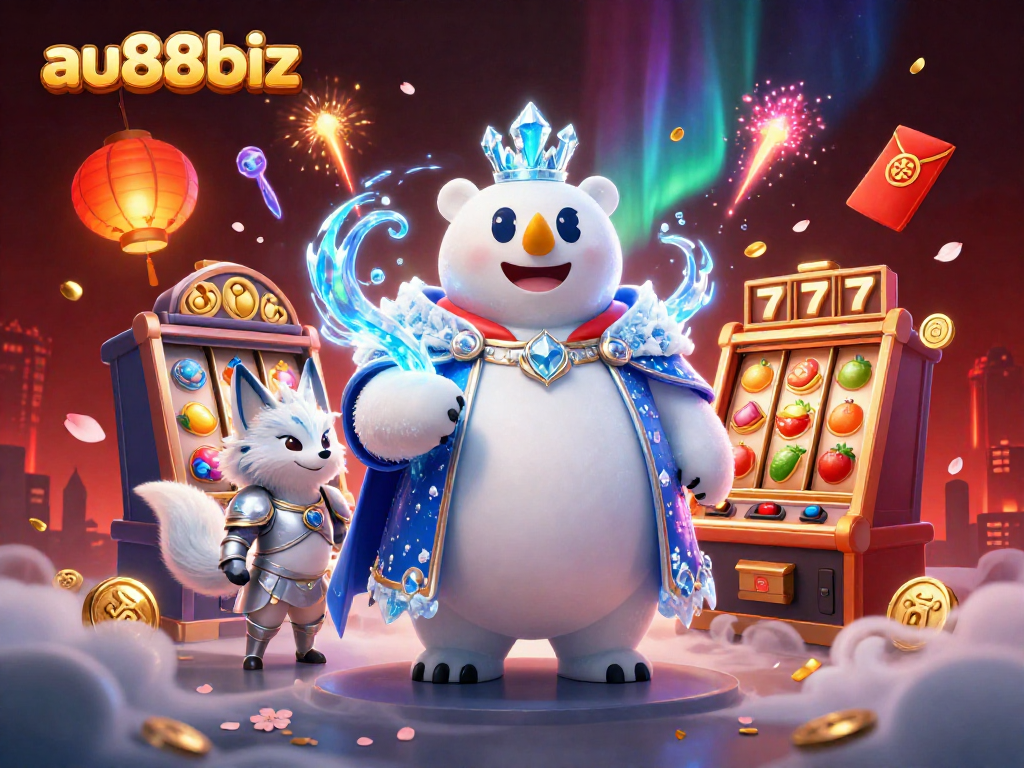 Experience the thrill at au88biz with vibrant slot machines and enchanting characters in a colorful casino scene.
