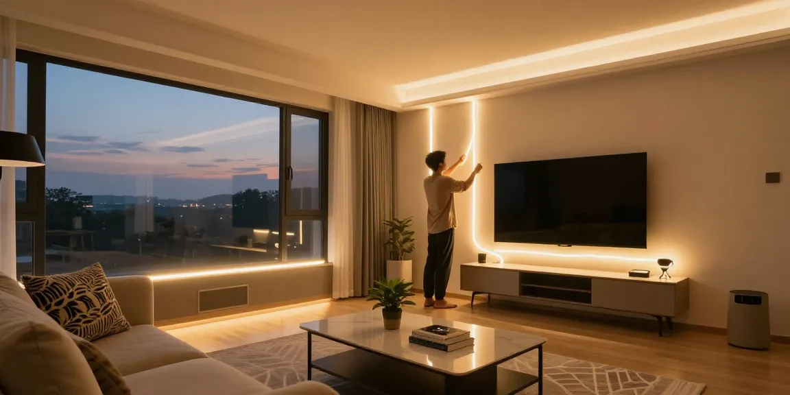 Aplica LED în living cu bandă LED flexibilă, creând o atmosferă modernă și confortabilă.