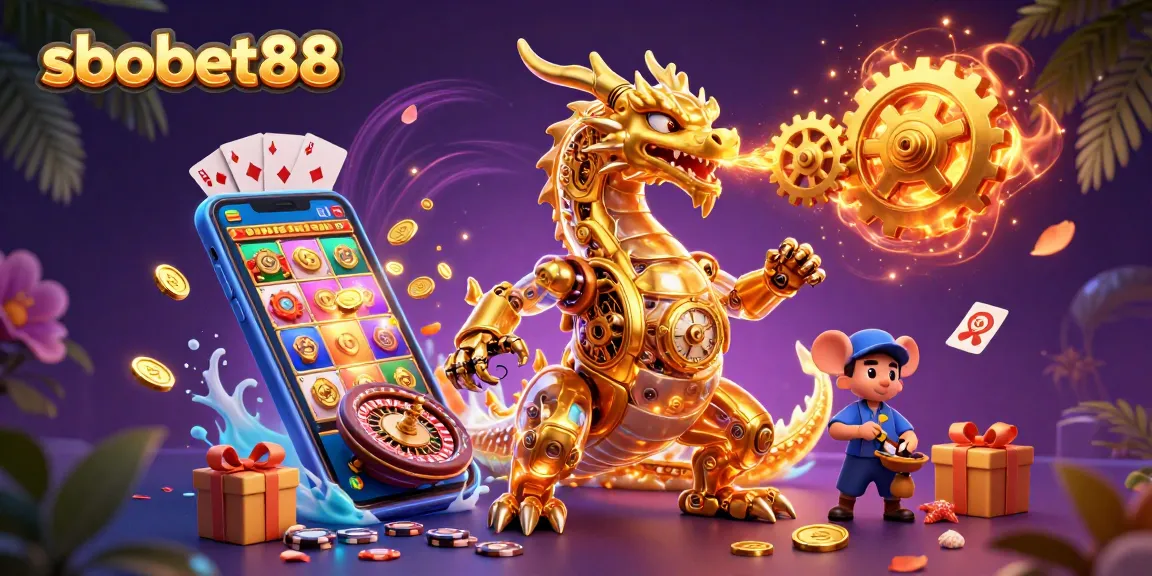 Experience the excitement of sbobet88 with a golden dragon and a vibrant gaming scene.