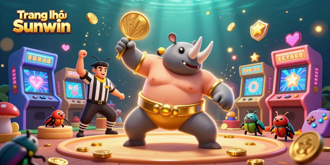 Engage with Trang chủ Sunwin, where a whimsical rhinoceros beetle champion strikes a winning pose amidst flying coins.