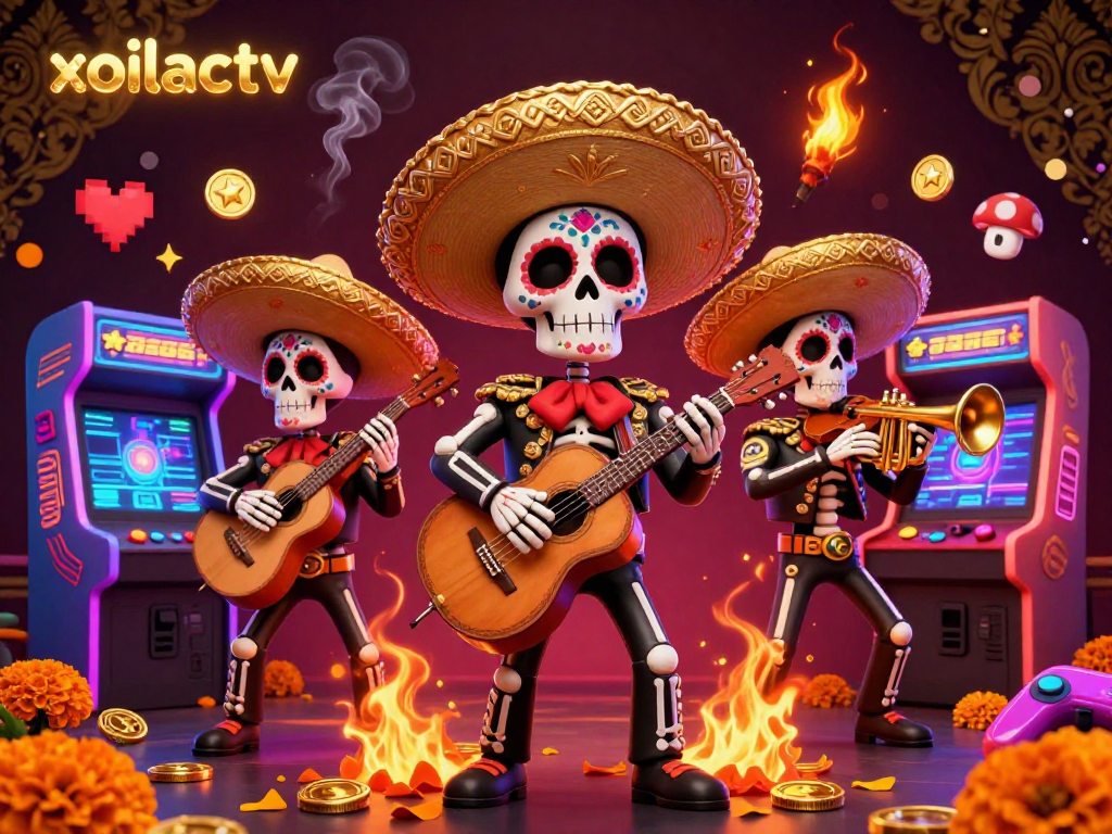 Engage with xoilactv’s thrilling gaming scene featuring vibrant mariachi skeletons and exciting casino elements.