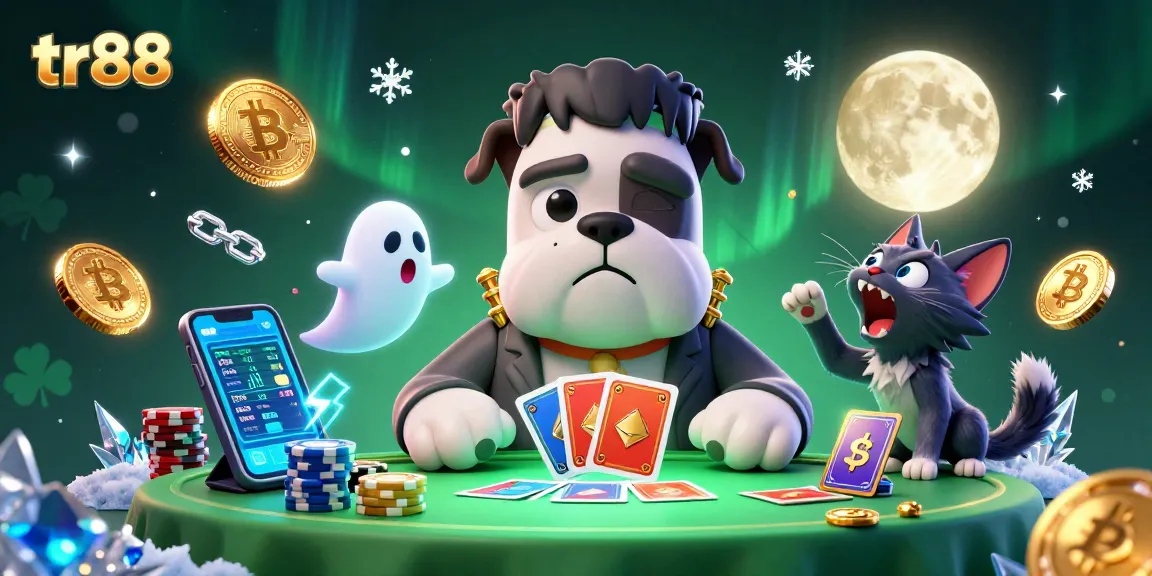 Engage with tr88 as a 3D Frankenstein bulldog deals cards in a vibrant casino scene.