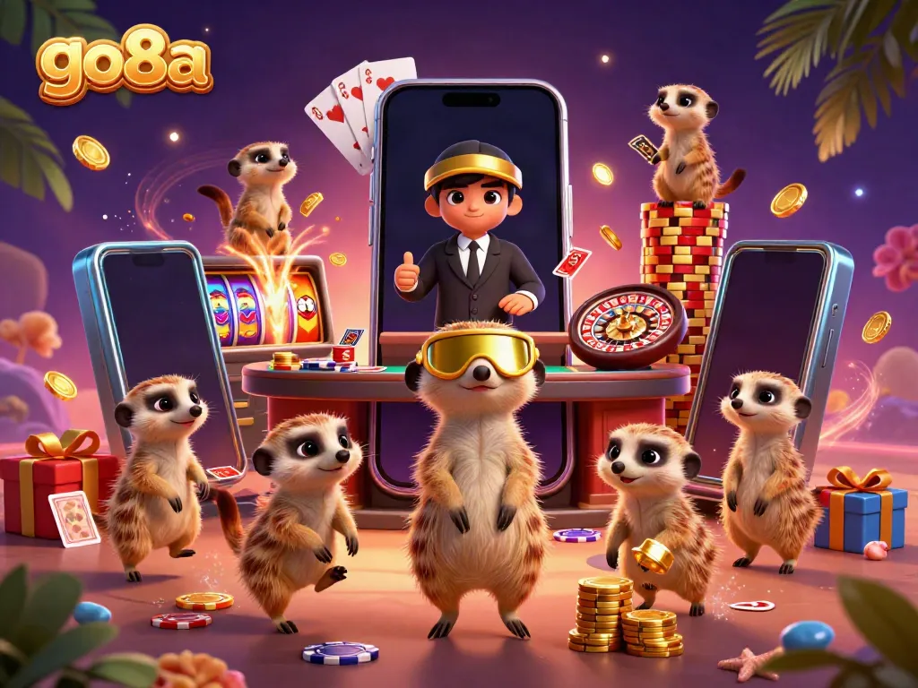 Engage in thrilling slots at go8a with 3D meerkats in a colorful casino scene.