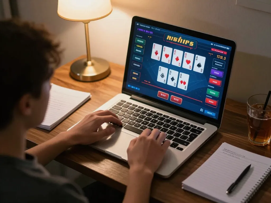 Engaging in a thrilling blackjack game at home using a laptop, showcasing the b52 online gaming experience.