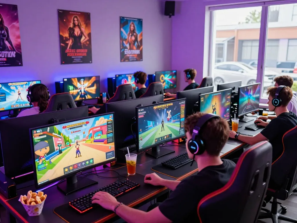 Engaged players enjoying online porn games in a colorful gaming lounge filled with excitement and immersive setups.