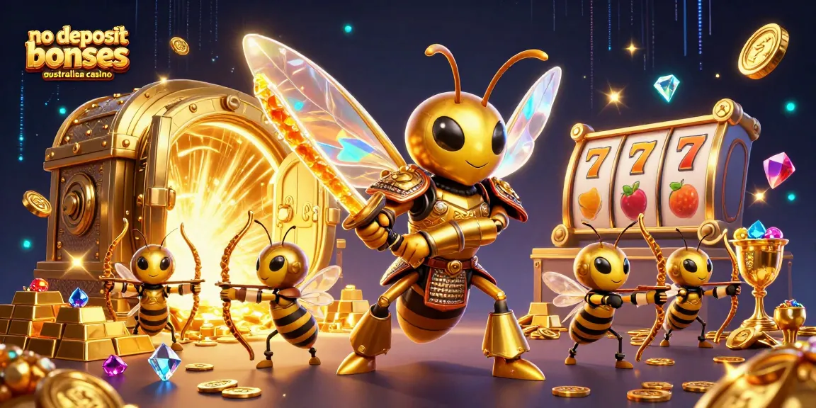 No deposit bonuses Australia casino showcasing a dynamic 3D illustration with a comic-style golden hornet in samurai armor.