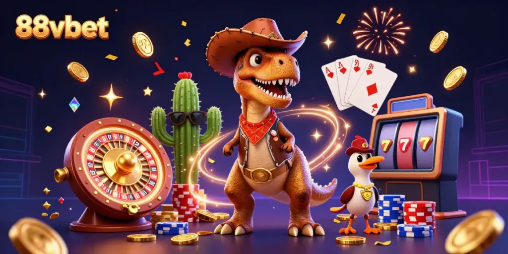 Experience the thrill of 88vbet with a dynamic 3D illustration of a cowboy dinosaur and casino games.