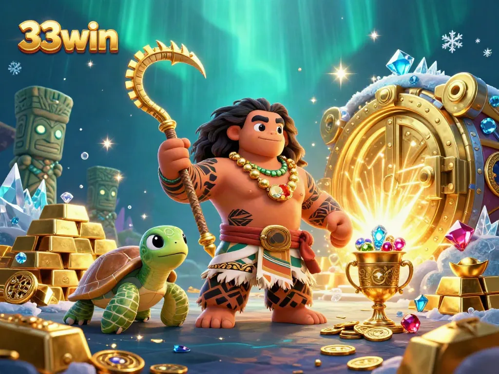 Experience the excitement of 33win with a vibrant 3D illustration capturing casino treasures and adventures.
