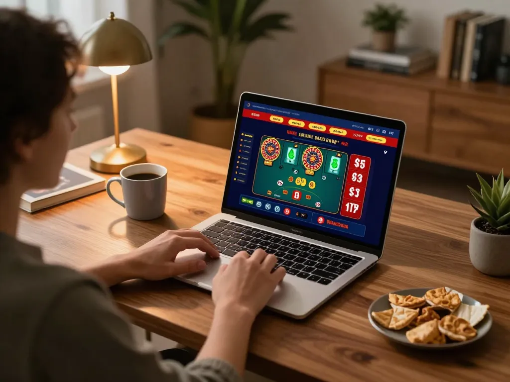 Engaging with Đăng ký S8 on a laptop in a cozy home office, capturing the online gambling experience.