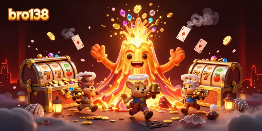 Experience the excitement of bro138 with a vibrant 3D illustration of a golden volcano erupting treasures in a casino setting.