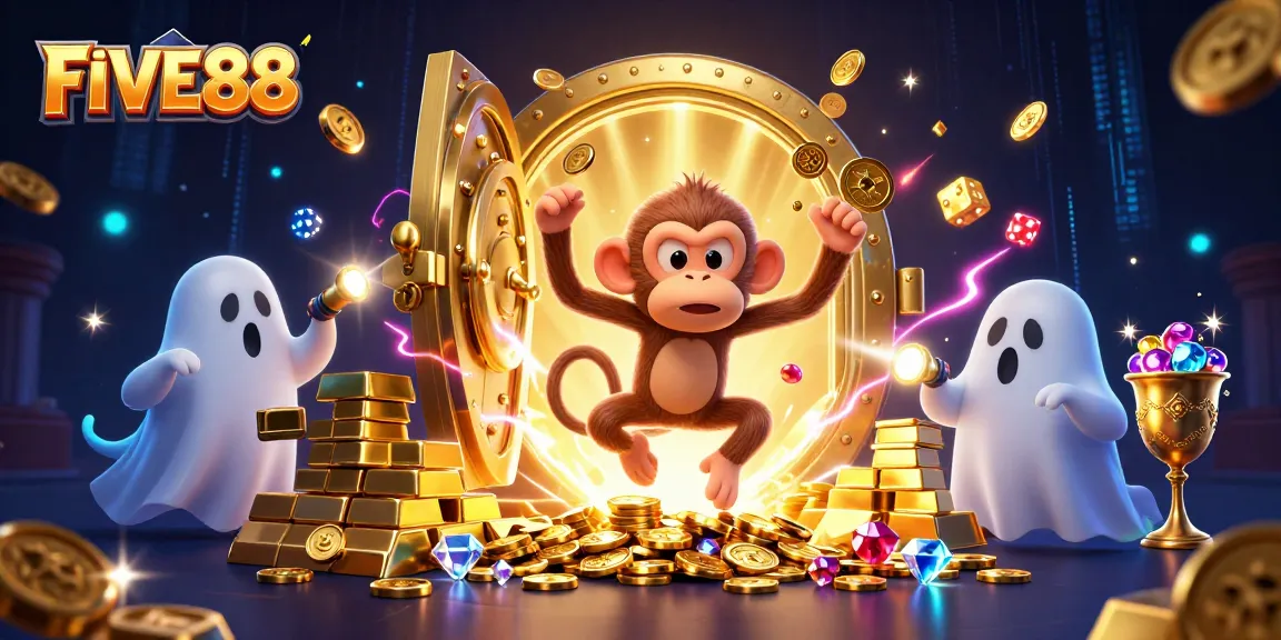Engage with FIVE88's thrilling casino experience featuring a playful ghost-hunter puppy and a juggling monkey.