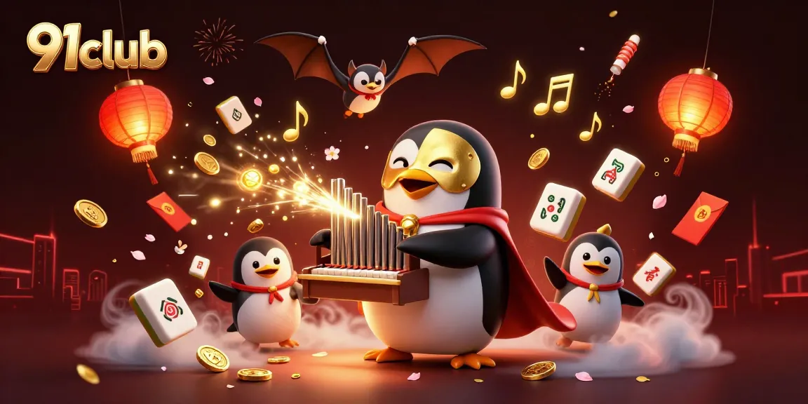 Experience thrilling gameplay at 91club with a vibrant illustration featuring a penguin organist and festive elements.