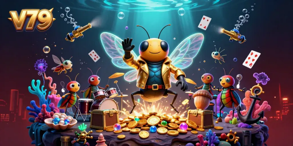Experience the thrilling world of V79 with a vibrant 3D casino scene featuring a rock star cicada and dynamic game elements.