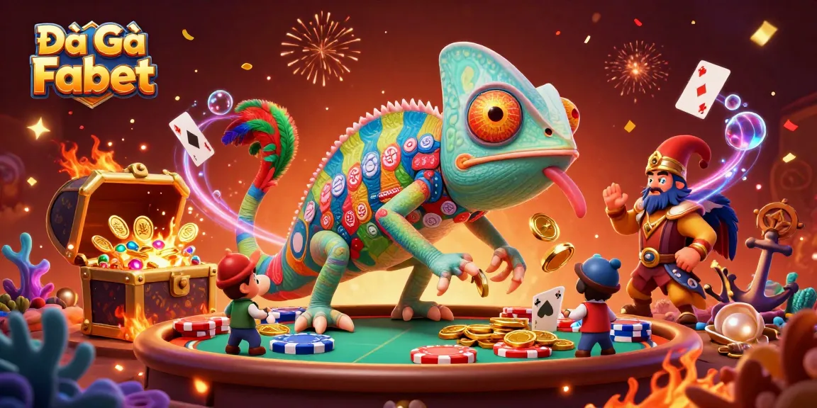 Experience thrilling Đá Gà Fabet action with vibrant chameleon-themed casino illustration.