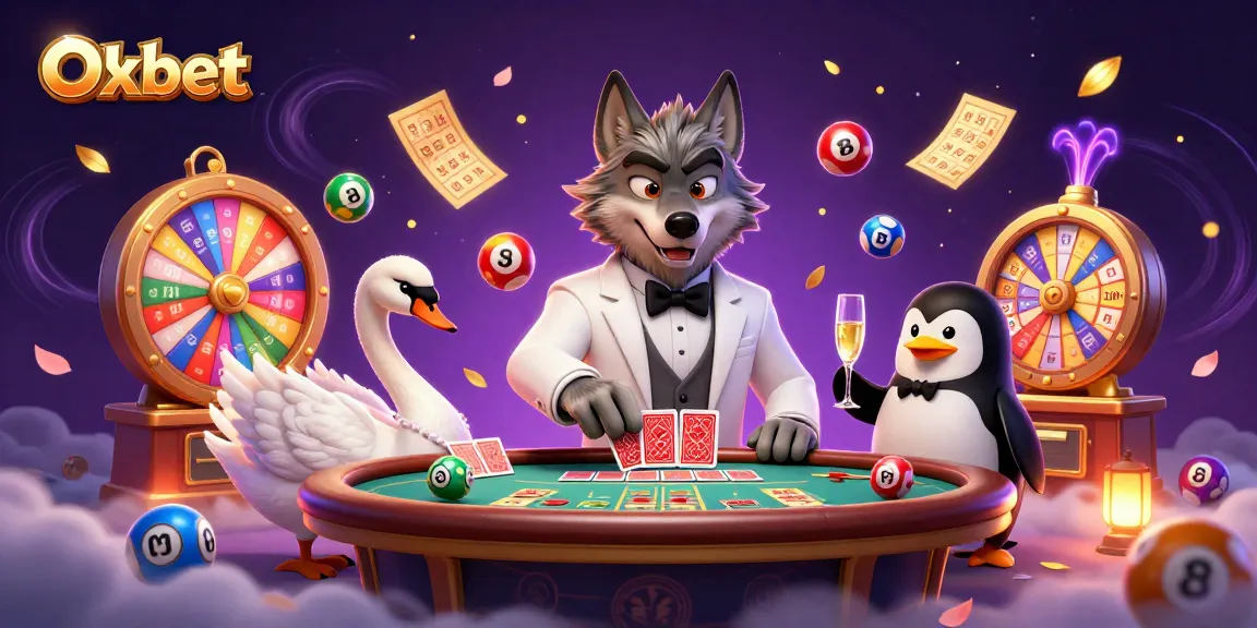 Engage with Oxbet through this lively casino scene featuring a wolf, swan, and penguin.