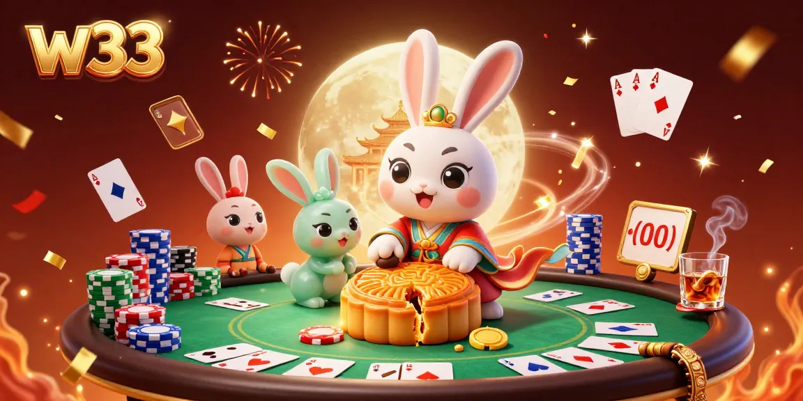 Experience dynamic gaming at w33 casino with poker chips and mythical lunar characters.