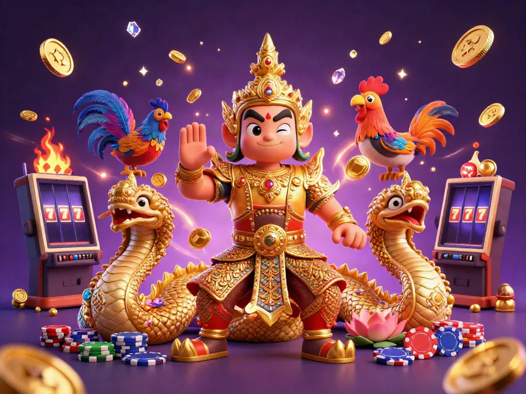 Engage with ALo789's thrilling cockfighting experience, featuring a golden yaksha guardian in an electric atmosphere.