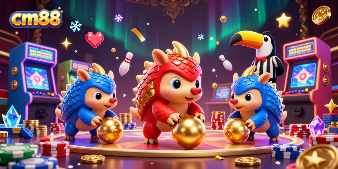 Experience exciting cm88 gaming action with rival pangolins rolling gold and poker chips in a thrilling arcade scene.