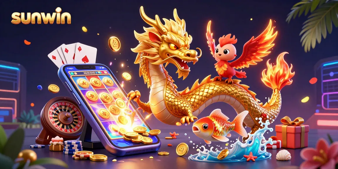Experience thrilling gaming at sunwin with a fierce dragon and glowing phoenix amidst a vibrant casino backdrop