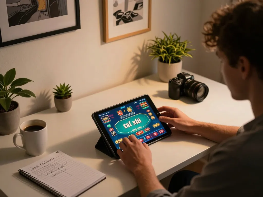 Tài xỉu online gameplay on tablet with strategic notes highlighting excitement and responsible gaming