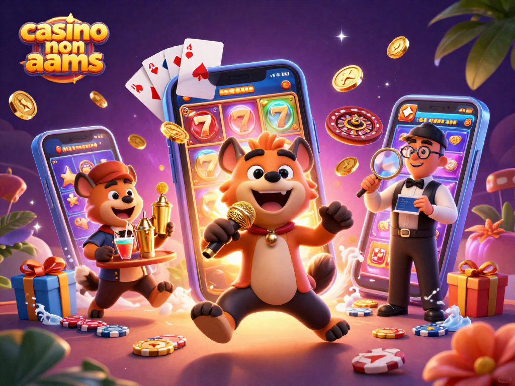 Vivi l'azione al casinò non AAMS con comiche iene al microfono e giochi di slot colorati.