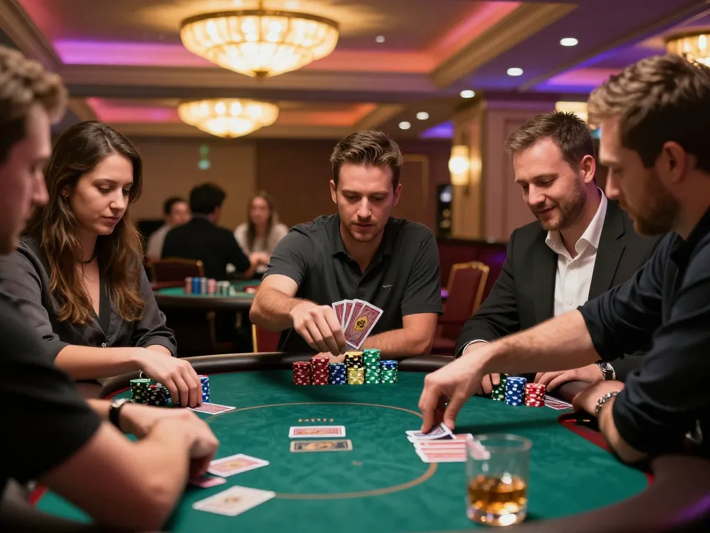8day poker players strategizing their next moves with intense focus and colorful chips on the table