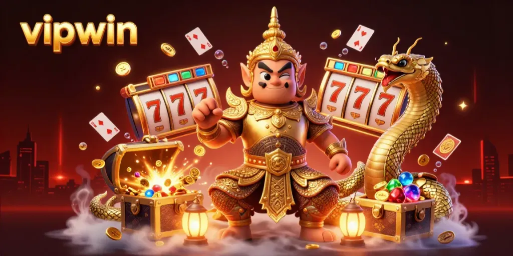 Experience the vibrant action of vipwin with a 3D illustration featuring casino elements and a Thai guardian.