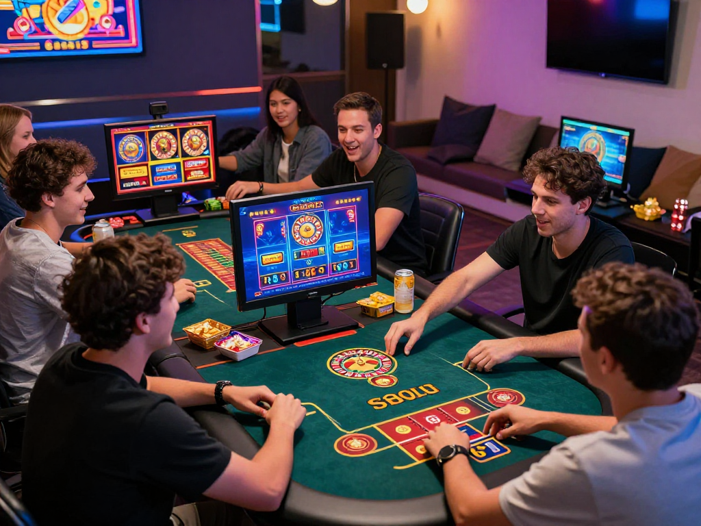 Giocatori felici nei casino non AAMS online, coinvolti in giochi come slot e roulette.