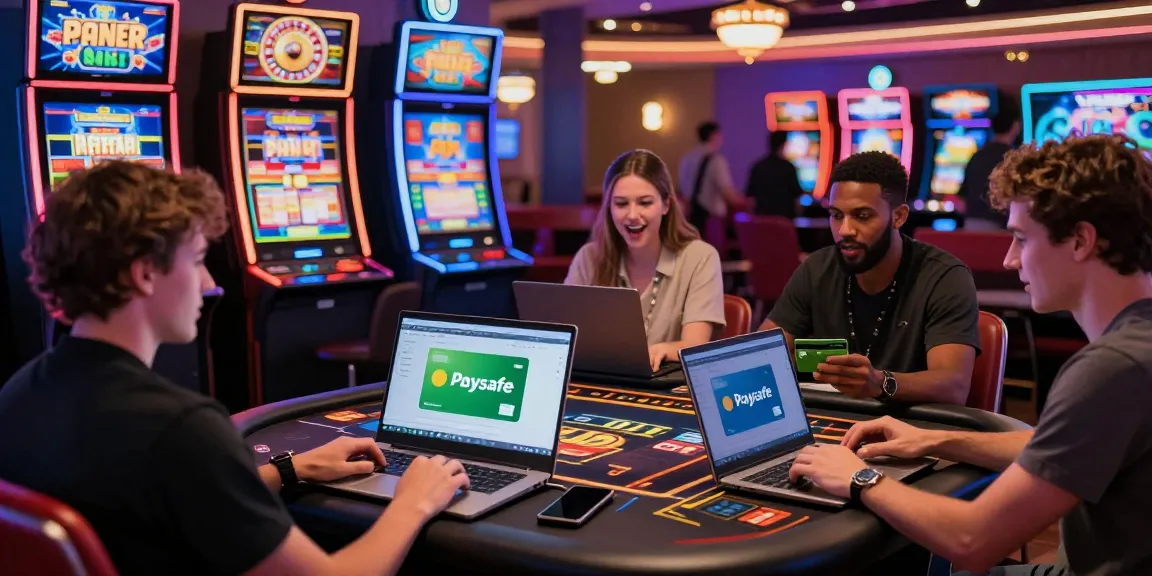 Begeisterte Spieler in einem Paysafe Card Casino, die Laptops und Handys verwenden und lebhaft spielen.