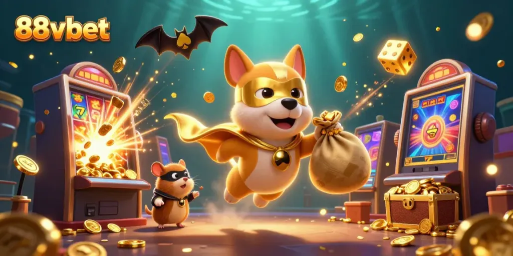 Experience the thrill of 88vbet with our dynamic superhero scene bursting with gold coins and casino excitement.