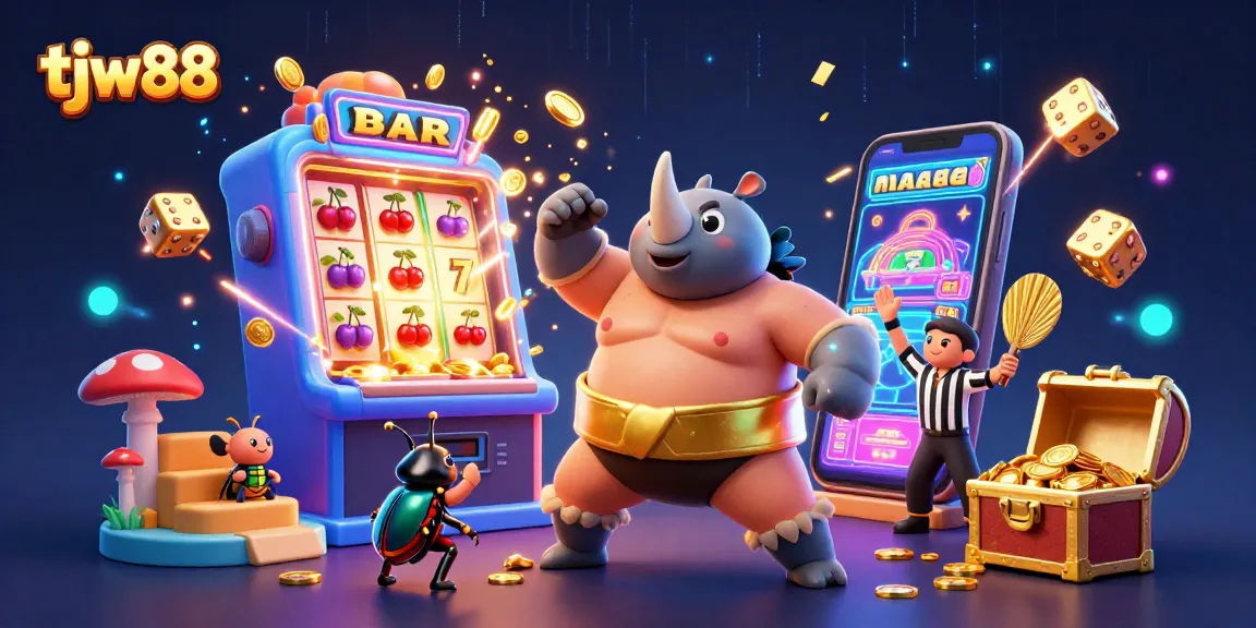 tjw88 jackpot scene featuring a rhinoceros beetle champion and colorful casino elements in action.