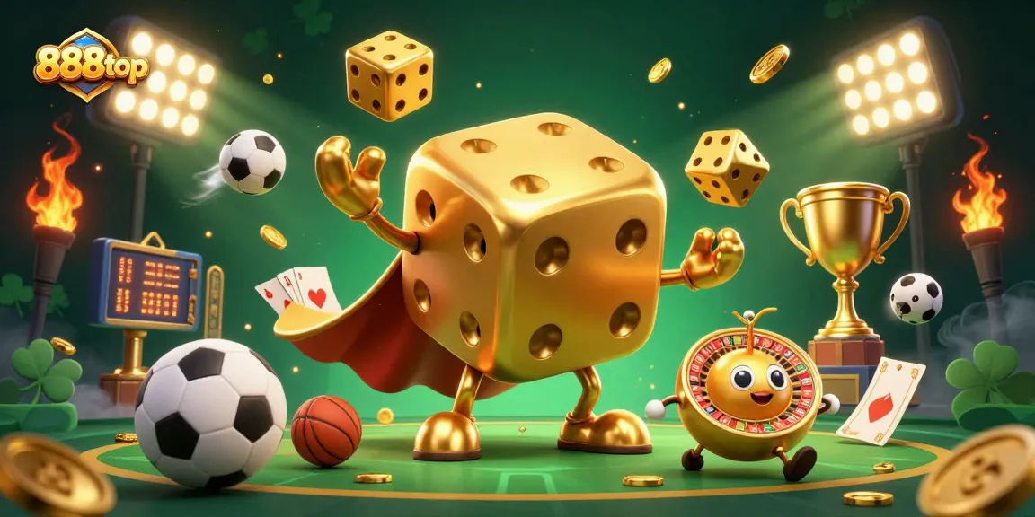 Engage with 888top's gaming adventure featuring golden dice golem and dynamic sports elements.