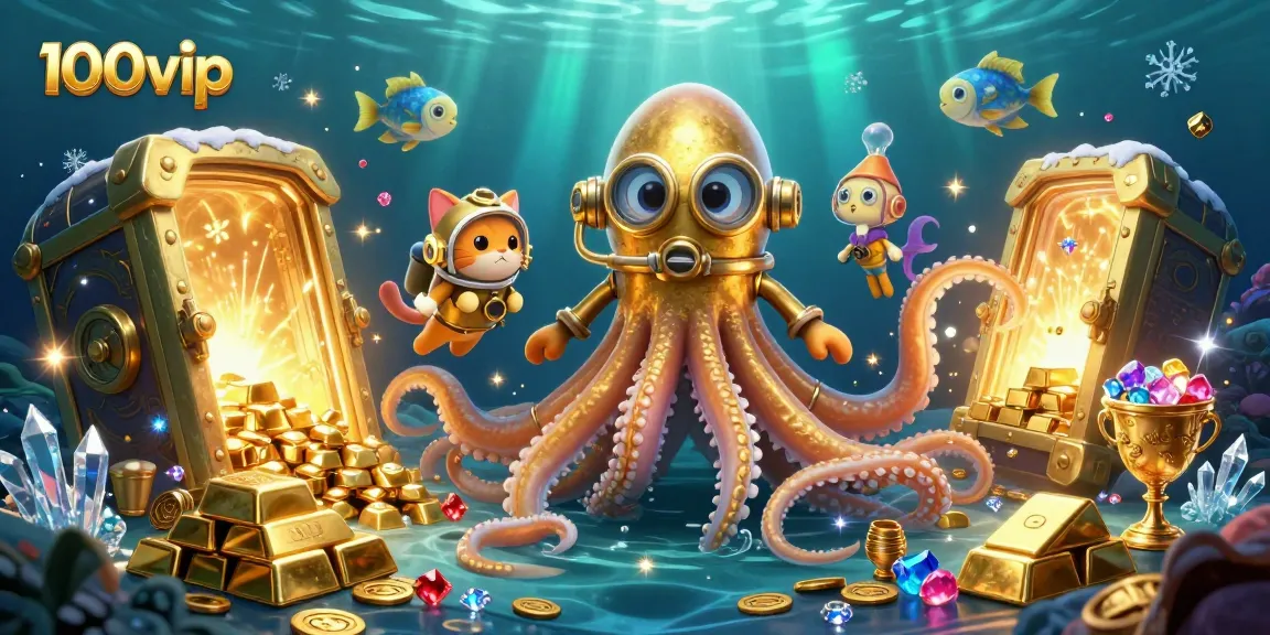 Experience thrilling online gaming at 100vip with a vibrant illustration featuring a kraken, diving cat, and treasure.