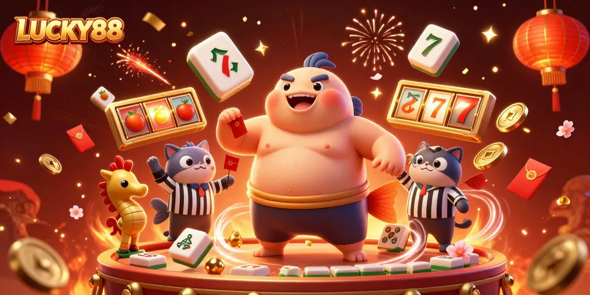 Immerse in the excitement of LUCKY88 with dazzling slot reels, cascading confetti, and vibrant characters.