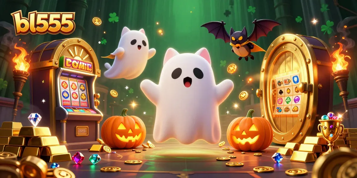 Experience the fun at bl555 with a lively casino-themed scene featuring friendly ghost cat, treasures, and bright lights.
