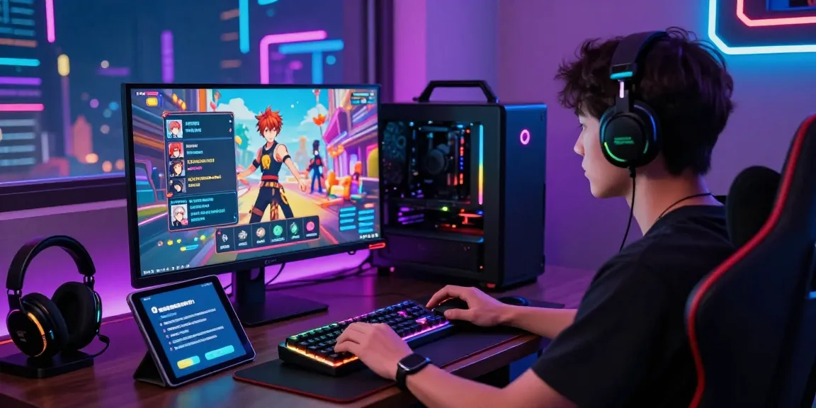 Dynamic hentaigame scene with a focused player at a vibrant gaming desk, featuring colorful visual novel on screen.