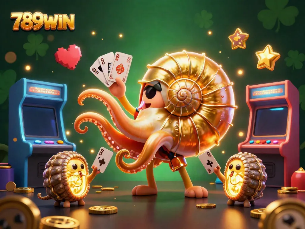 Experience thrilling gameplay at 789WIN with ancient nautilus holding cards amid vibrant, glowing gaming scenes.