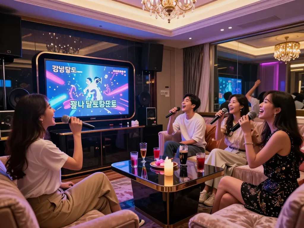 스타일리시하고 첨단 기술이 갖춰진 방에서 친구들과 함께 생동감 넘치는 노래방 밤을 즐기는 모습.