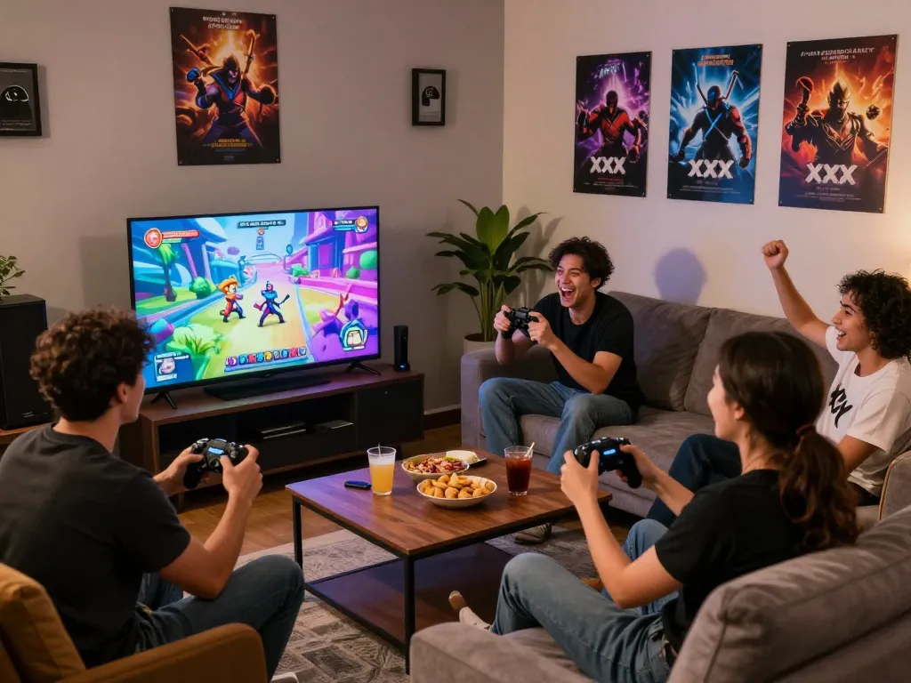 Engaged friends enjoying xxx games in a cozy gaming lounge.