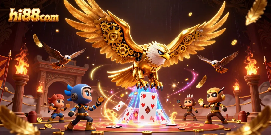 Experience thrilling gameplay at hi88com with a dynamic scene featuring a golden eagle and playing cards.