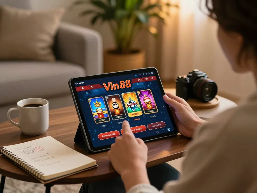 Player enjoying the Vin 88 casino app at home, highlighting strategic gameplay in a cozy atmosphere