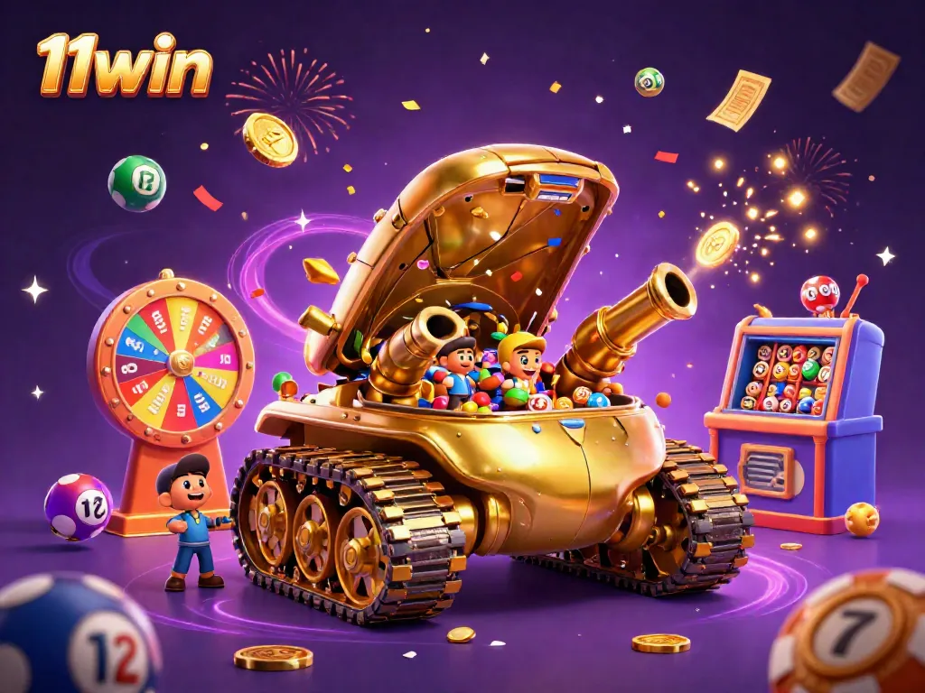 Experience thrilling gameplay at 11win with vibrant lottery balls and a golden casino tank.