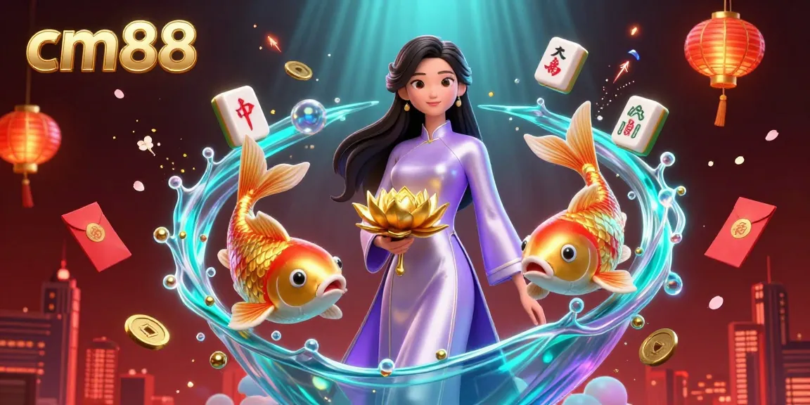 Experience the excitement of cm88 casino with a captivating 3D illustration showcasing vibrant elements and a graceful Asian woman.