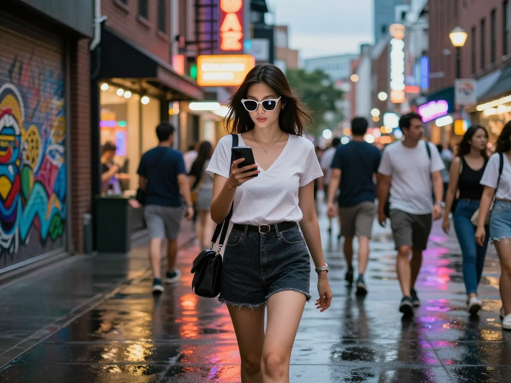 Người phụ nữ trẻ tự tin đi bộ trên phố với gái gọi xung quanh.