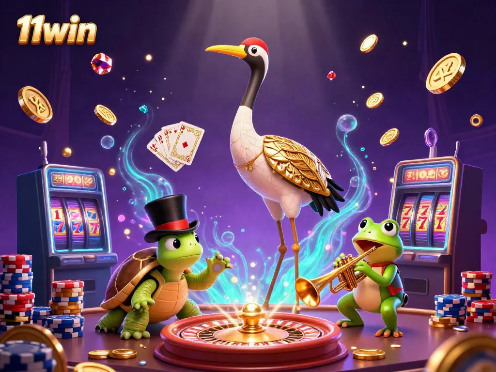 Win big at 11win with vibrant casino characters amidst flying coins and sparkling gems.