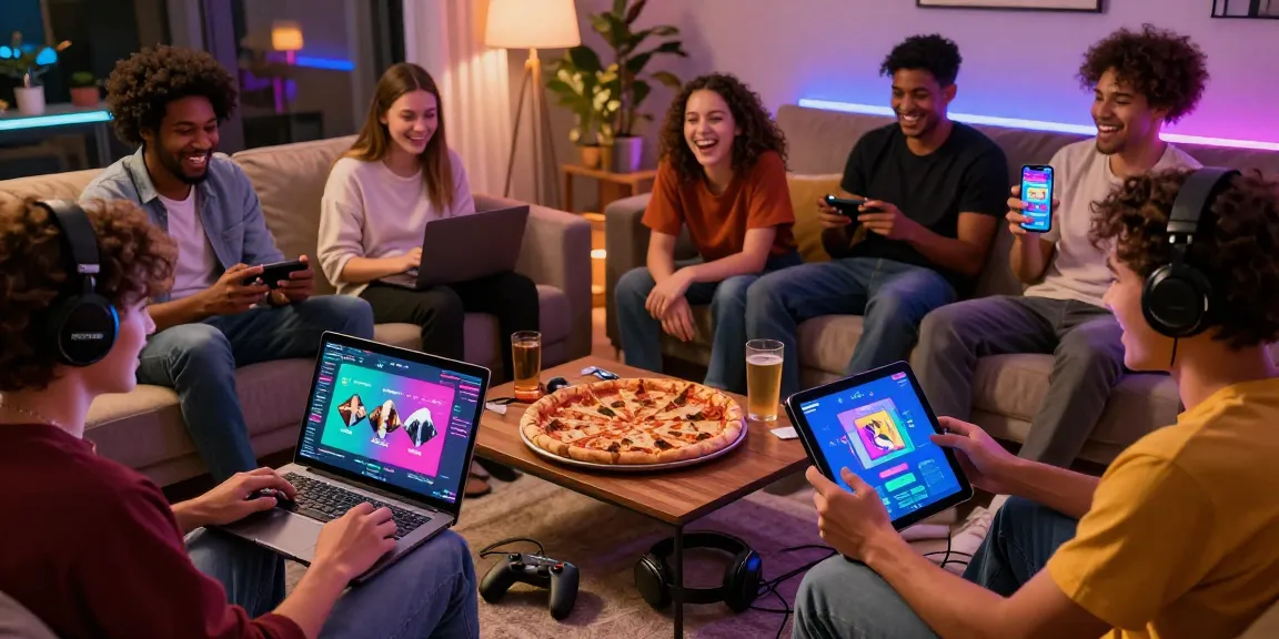 Engaging scene of friends playing html sex games on various devices in a cozy gaming environment.