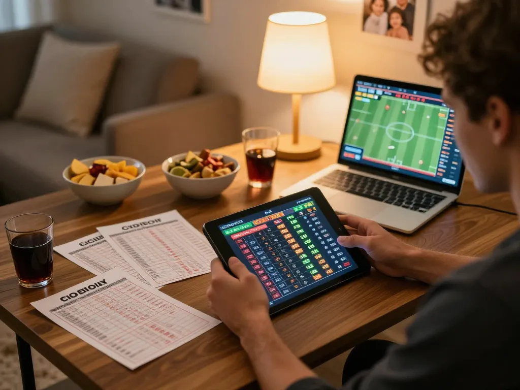 Engaged sports bettor analyzing ty le keo nha cai on tablet in cozy living room.