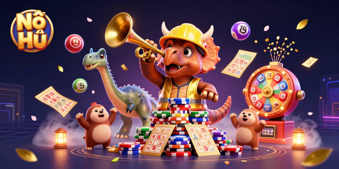 Nổ Hũ engages players with a cheerful triceratops building poker chip towers amidst lottery elements.